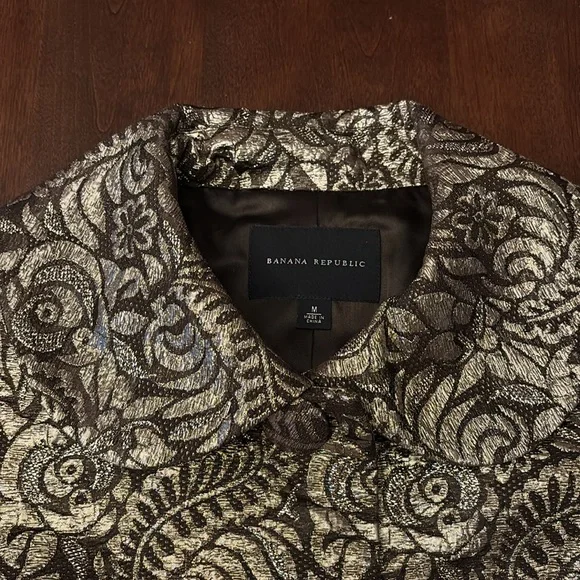 Banana Republic Womans Lightweight Jacket Blazer Brown Gold Sparkly 3/4 Sleeves - Picture 2 of 9